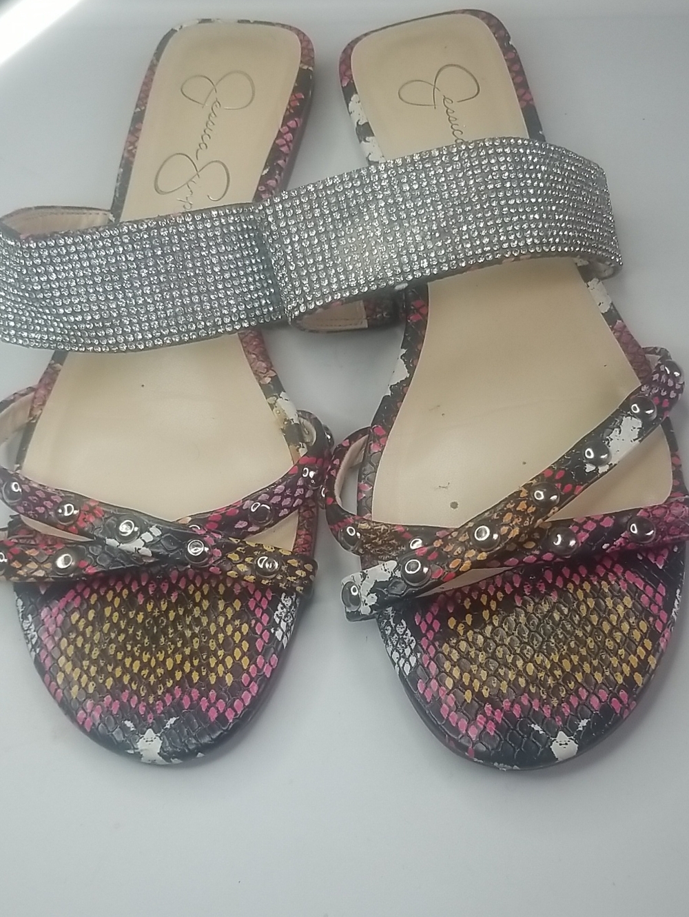 Jessica Simpson Pink Multi Rhinestone Slide Sandals